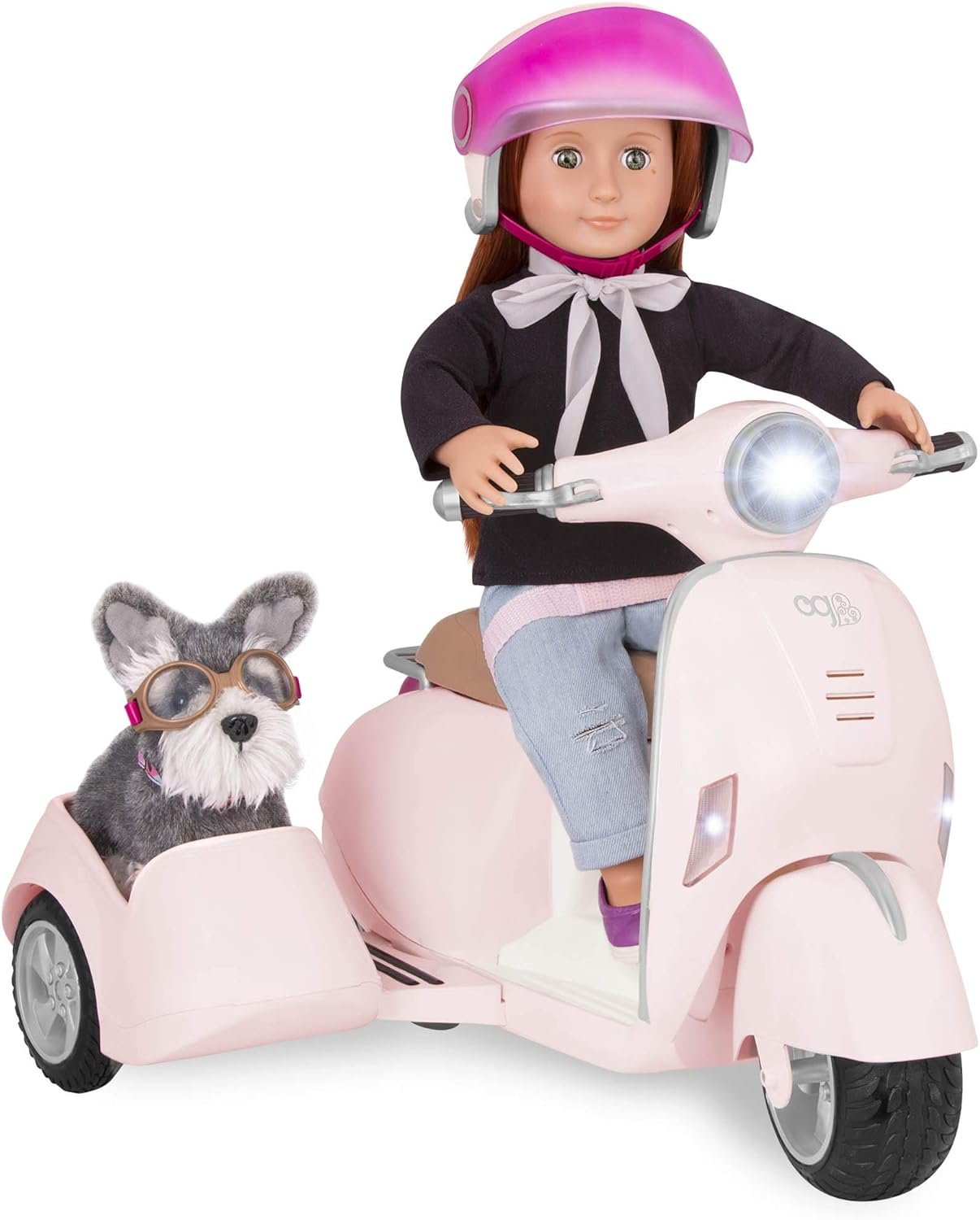 OG OG Ride Along Scooter Generation – Scooter de brinquedo com carrinho lateral removível para bonecas de 45 cm – Inclui capacete para o piloto