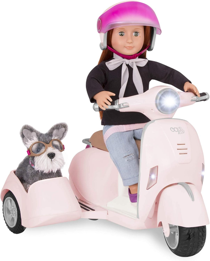 OG OG Ride Along Scooter Generation – Scooter de brinquedo com carrinho lateral removível para bonecas de 45 cm – Inclui capacete para o piloto