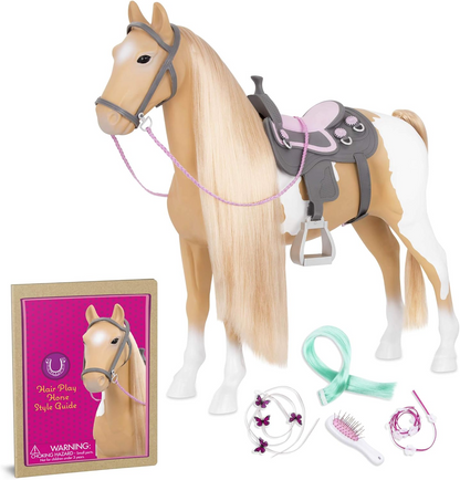 Our Generation Palomino Paint Horse – Cavalo de brinquedo de 50 cm com crina e cauda loiras compridas – Inclui conjunto de acessórios de 6 peças