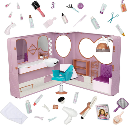 Salão de beleza Our Generation sobre rodas – Conjunto de reboque com tema de salão de beleza dobrável – Conjunto de salão de cabeleireiro com 35 peças