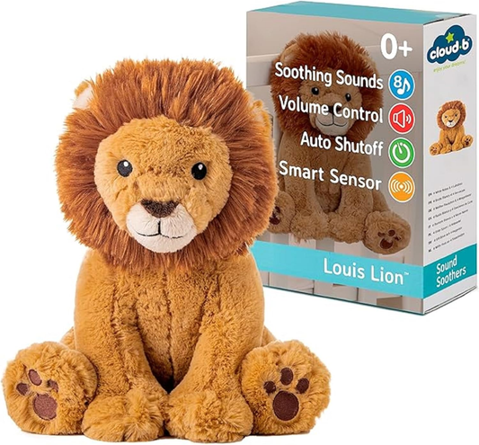 Cloud b Louis Lion - Máquina de ruído branco relaxante de peluche premiada para auxiliar o sono do bebé | Conforto suave e fofinho | Sensor inteligente e desligamento automático