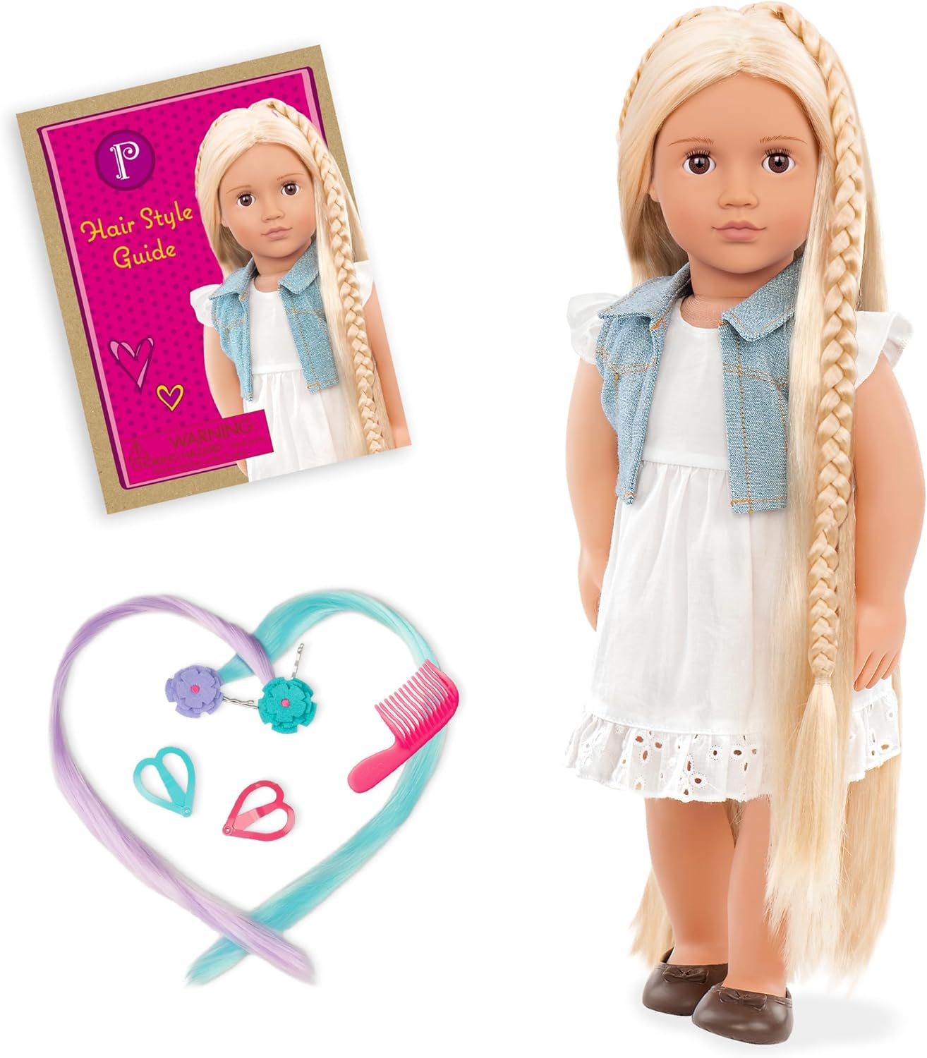 Boneca da moda Phoebe da Our Generation, atividade infantil, boneca de 46 cm com roupa completa e acessórios, incluindo extensões de cabelo e pente, brinquedos de brincadeira para crianças, perfeitos para aventuras de brincadeiras infantis
