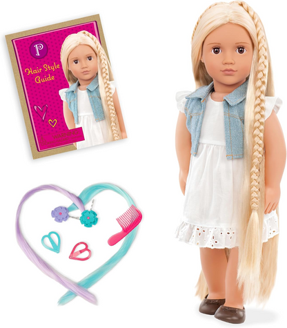 Boneca da moda Phoebe da Our Generation, atividade infantil, boneca de 46 cm com roupa completa e acessórios, incluindo extensões de cabelo e pente, brinquedos de brincadeira para crianças, perfeitos para aventuras de brincadeiras infantis