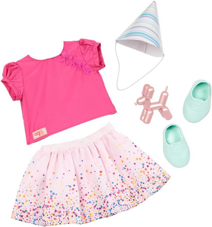 A Nossa Geração – Fato de Aniversário – Saia com Estampado de Confetis e Balão de Caniche – Roupa de Boneca de 18 Polegadas – Brincadeira de Faz de Conta – Brinquedos para Crianças a partir dos 3 Anos – Está na Hora de Festejar