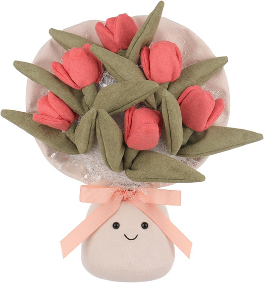 Bouquet de tulipas de cordeiro damasco, peluches para crianças, brinquedos de peluche fofos e macios para bebés, menina e menino, bouquet de tulipas fofas vermelhas de 11,9 polegadas