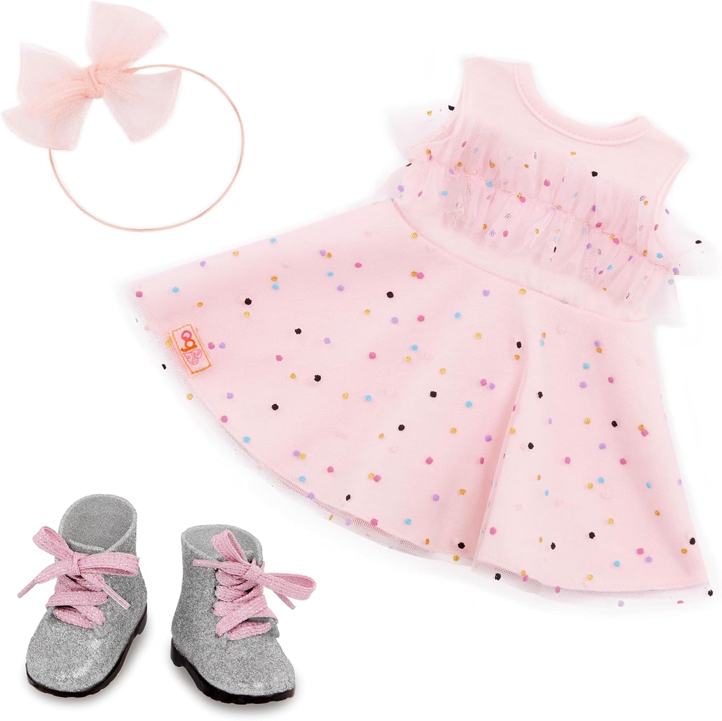 Nossa Geração – Roupas de boneca de 18 polegadas – Vestido de festa com estampa de confete – Acessórios para faixa de cabeça e botas – Brincadeira de faz de conta – Brinquedos para crianças de 3 anos ou mais – Rosa e colorido