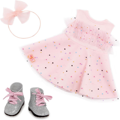 Nossa Geração – Roupas de boneca de 18 polegadas – Vestido de festa com estampa de confete – Acessórios para faixa de cabeça e botas – Brincadeira de faz de conta – Brinquedos para crianças de 3 anos ou mais – Rosa e colorido