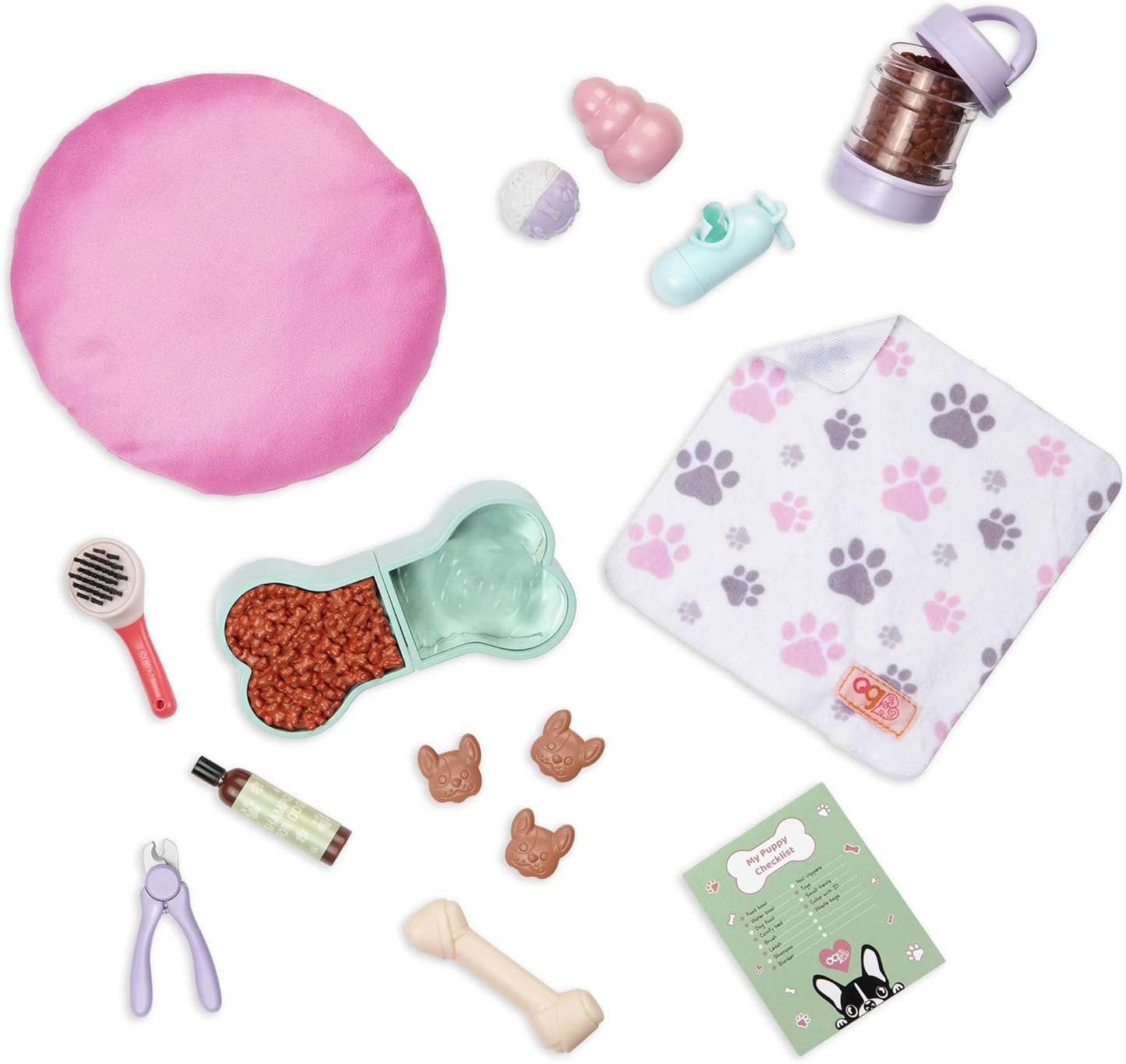 O nosso conjunto Generation Paw Paradise – Kit de acessórios para cachorros de estimação para bonecas de 45 cm – Conjunto de 15 acessórios para cuidados com animais de estimação
