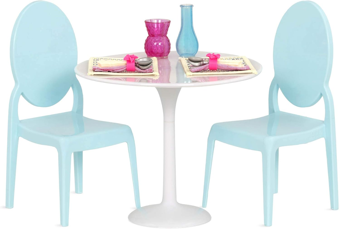 Mesa para dois da Our Generation – Conjunto de mobiliário para bonecas de 45 cm, conjunto de mesa e cadeiras, mobiliário para casa de bonecas, kit de acessórios com 17 peças para maiores de 3 anos