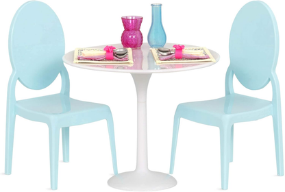 Mesa para dois da Our Generation – Conjunto de mobiliário para bonecas de 45 cm, conjunto de mesa e cadeiras, mobiliário para casa de bonecas, kit de acessórios com 17 peças para maiores de 3 anos