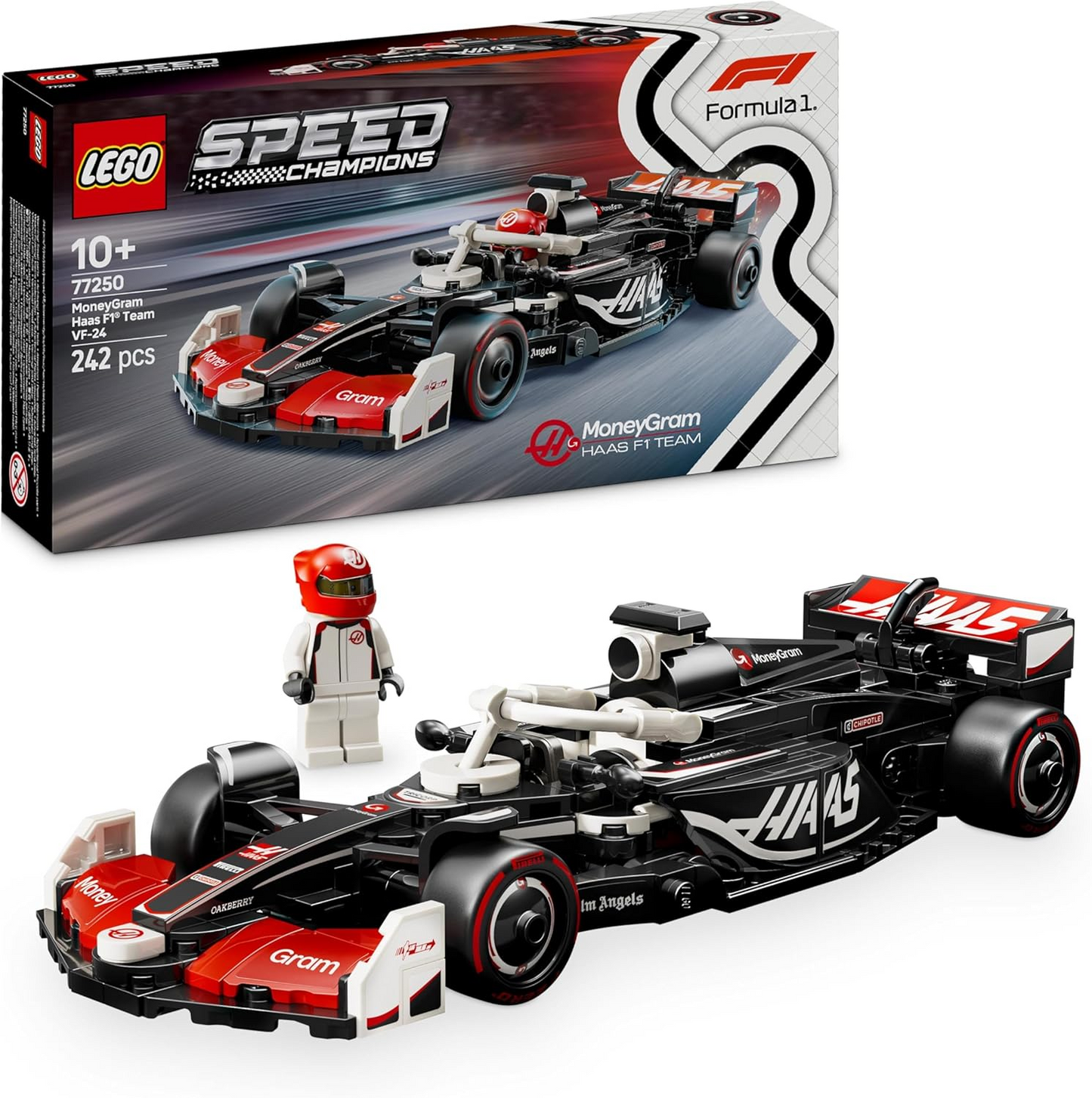 LEGO Speed Champions MoneyGram Haas F1 Team VF-24 Race Car Toy com uma minifigura colecionável de piloto de Fórmula 1 - Kits de modelos para meninos e meninas de 10 anos ou fãs adultos de automobilismo 77250