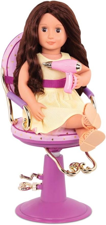 Our Generation Conjunto de Cadeiras de Salão Sweet Styles : acessórios de cabeleireiro para bonecas de 45 cm. Inclui cadeira ajustável, sons realistas e itens de penteado. Ideal para brincadeiras criativas de salão. Para crianças a partir de 3 anos.