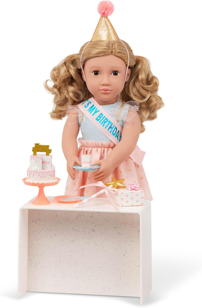A Nossa Geração – Boneca de Aniversário de 45 cm – Olhos Castanhos Realistas e Cabelo Loiro Escuro Ondulado – Chapéu de Festa, Bolo e Acessórios Comemorativos – Brincadeira de Faz de Conta – Brinquedos para Crianças a partir dos 3 Anos – Romy