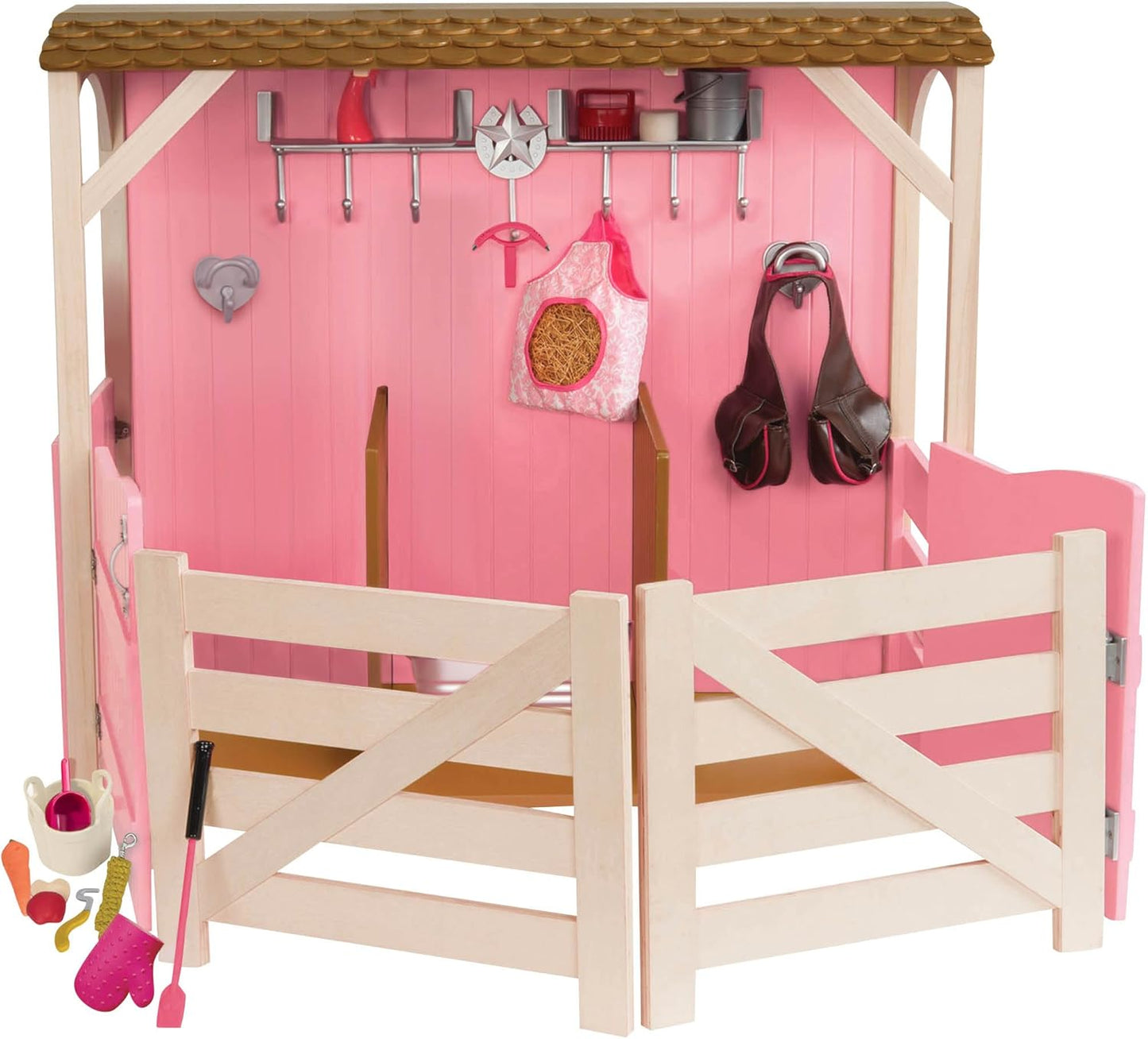 A Nossa Geração – Acessórios para Bonecas de 18 Polegadas – Estábulo para Cavalos – Conjunto de Brinquedos para Celeiros – Brinquedos para Cavalos – 3+ Anos – Sela – Estábulos para Cavalos