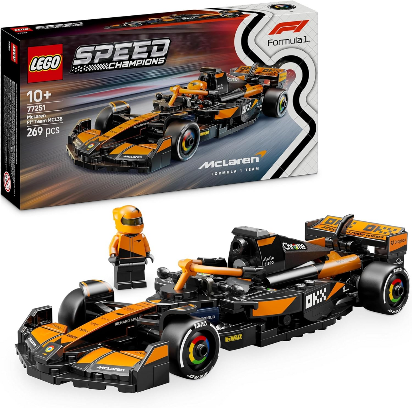 LEGO Speed Champions McLaren F1 Team MCL38 Race Car Toy com uma minifigura colecionável de piloto de Fórmula 1 - Kits de modelos para meninos e meninas de 10 anos ou fãs adultos de automobilismo 77251