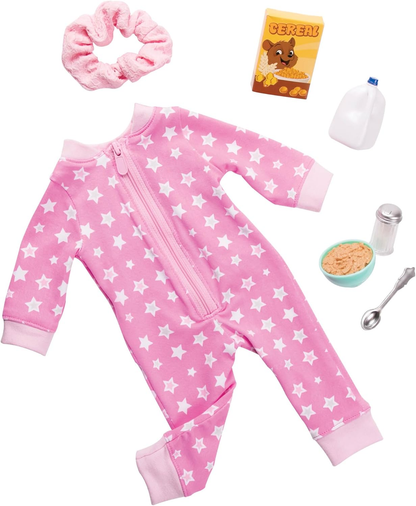 Conjunto de pijama divertido Our Generation Onesies - Pijama rosa divertido para bonecas de moda de 45 cm - Conjunto de 7 peças de roupa de dormir e acessórios