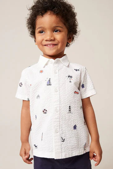 |Boy| Camisa Branca Bordada De Manga Curta Com Estampa Completa (3 Meses - 7 Anos)