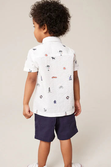 |Boy| Camisa Branca Bordada De Manga Curta Com Estampa Completa (3 Meses - 7 Anos)