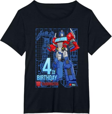 T-Shirt Transformers Optimus Prime para o 4º Aniversário - Menina, Aniversariantes - Preto - Tamanho S - Manga Curta - Modelagem Clássica - Mistura de Algodão e Poliéster - Lavável à Máquina