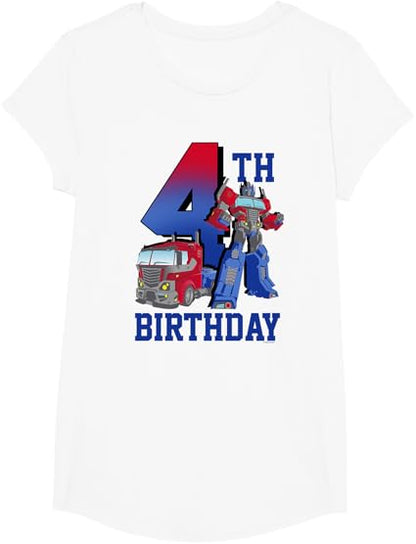 T-shirt com poster comemorativo do 4º aniversário do Optimus Prime de Transformers com efeito degradé