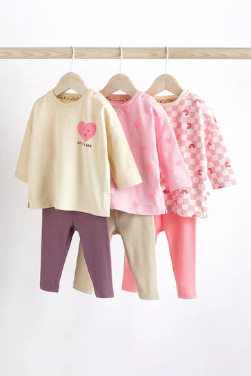 |BabyGirl| Conjunto De 6 Peças De Camisetas e Leggings Para Bebê - Tan Brown/Hot Pink