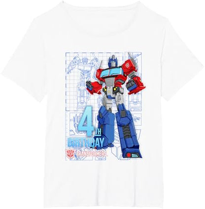 T-Shirt Transformers Optimus Prime para o 4º Aniversário - Menina, Aniversariantes - Preto - Tamanho S - Manga Curta - Modelagem Clássica - Mistura de Algodão e Poliéster - Lavável à Máquina