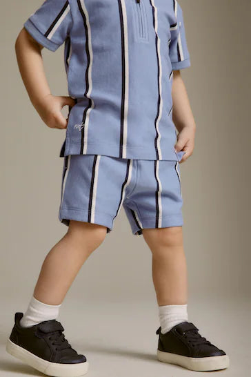 |Boy| Conjunto De 2 Peças De Camisa Polo e Shorts com Zíper - Blue Vertical Stripe (3 meses a 7 anos)
