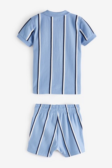 |Boy| Conjunto De 2 Peças De Camisa Polo e Shorts com Zíper - Blue Vertical Stripe (3 meses a 7 anos)