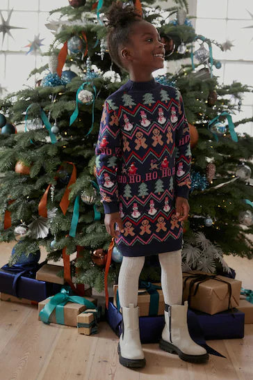 |BigGirl| Natal Vestido Jumper De Gengibre Azul Marinho Combinando Com a Família Para Meninas Mais Velhas (3 a 16 anos)