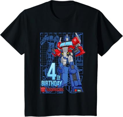 T-Shirt Transformers Optimus Prime para o 4º Aniversário - Menina, Aniversariantes - Preto - Tamanho S - Manga Curta - Modelagem Clássica - Mistura de Algodão e Poliéster - Lavável à Máquina