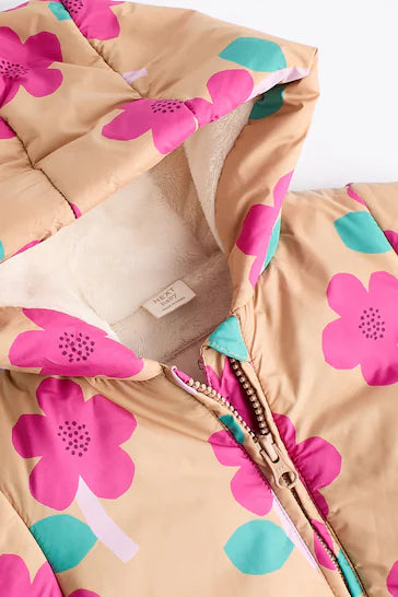 |BabyGirl| Casaco De Bebê Soprador Com Capuz - Amarelo Ocre/Rosa Floral (0 meses a 2 anos)