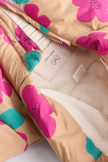 |BabyGirl| Casaco De Bebê Soprador Com Capuz - Amarelo Ocre/Rosa Floral (0 meses a 2 anos)