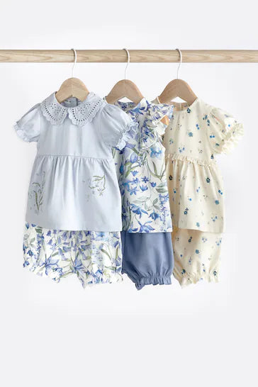 |BabyGirl| Conjunto De Camiseta e Shorts Azul Floral Para Bebê De 6 Peças