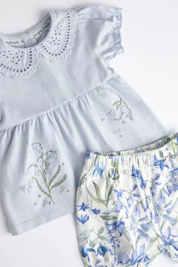 |BabyGirl| Conjunto De Camiseta e Shorts Azul Floral Para Bebê De 6 Peças