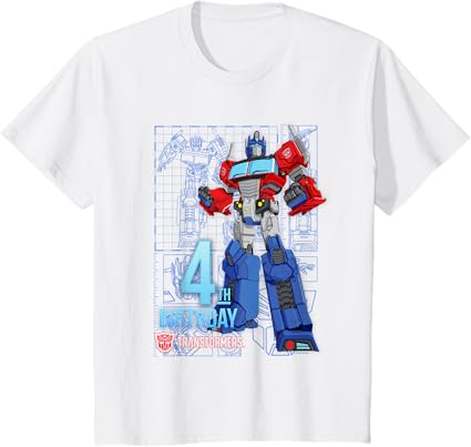 T-Shirt Transformers Optimus Prime para o 4º Aniversário - Menina, Aniversariantes - Preto - Tamanho S - Manga Curta - Modelagem Clássica - Mistura de Algodão e Poliéster - Lavável à Máquina