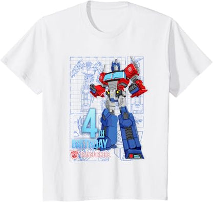 T-Shirt Transformers Optimus Prime para o 4º Aniversário - Menina, Aniversariantes - Preto - Tamanho S - Manga Curta - Modelagem Clássica - Mistura de Algodão e Poliéster - Lavável à Máquina