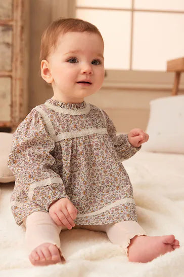 |BabyGirl| Conjunto De 2 Peças De Blusa e Leggings De Tecido Para Bebê - Ecru Cream Floral