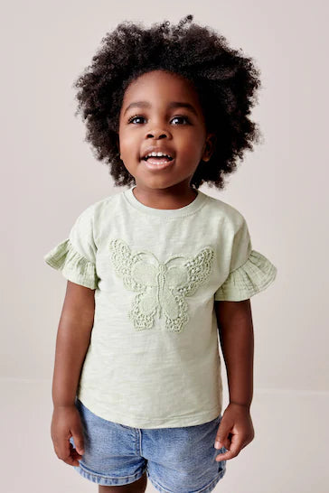 |Girl| Camiseta Borboleta em Crochê - Verde (3 meses - 7 anos)