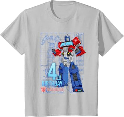 T-Shirt Transformers Optimus Prime para o 4º Aniversário - Menina, Aniversariantes - Preto - Tamanho S - Manga Curta - Modelagem Clássica - Mistura de Algodão e Poliéster - Lavável à Máquina