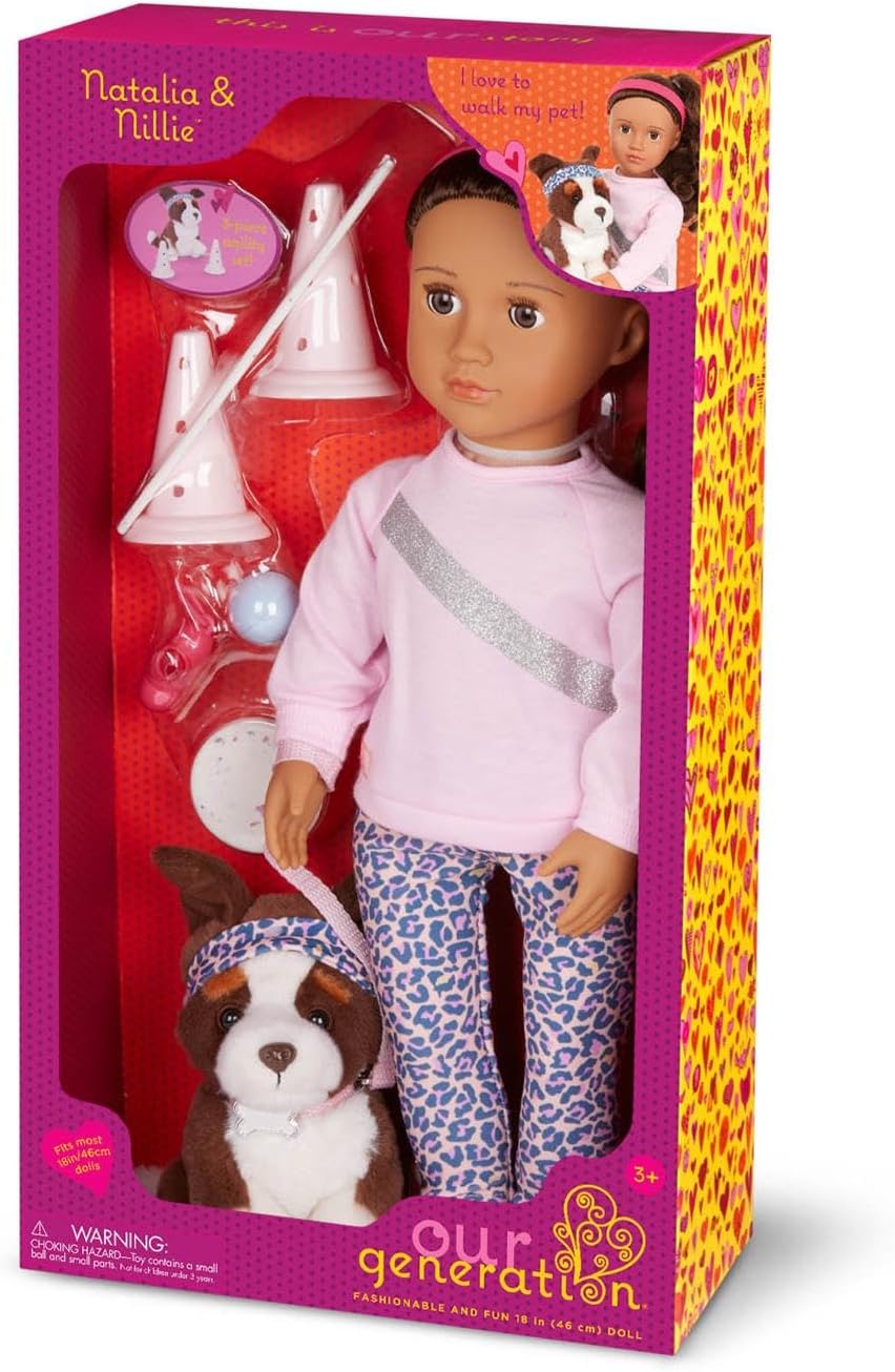 Conjunto de treino de agilidade para bonecas Our Generation 45 cm com animais de estimação Natalia e Nillie – Acessórios de brincadeira de 46 cm para bonecas e cães – Brinquedo de faz de conta educativo para crianças a partir de 3 anos