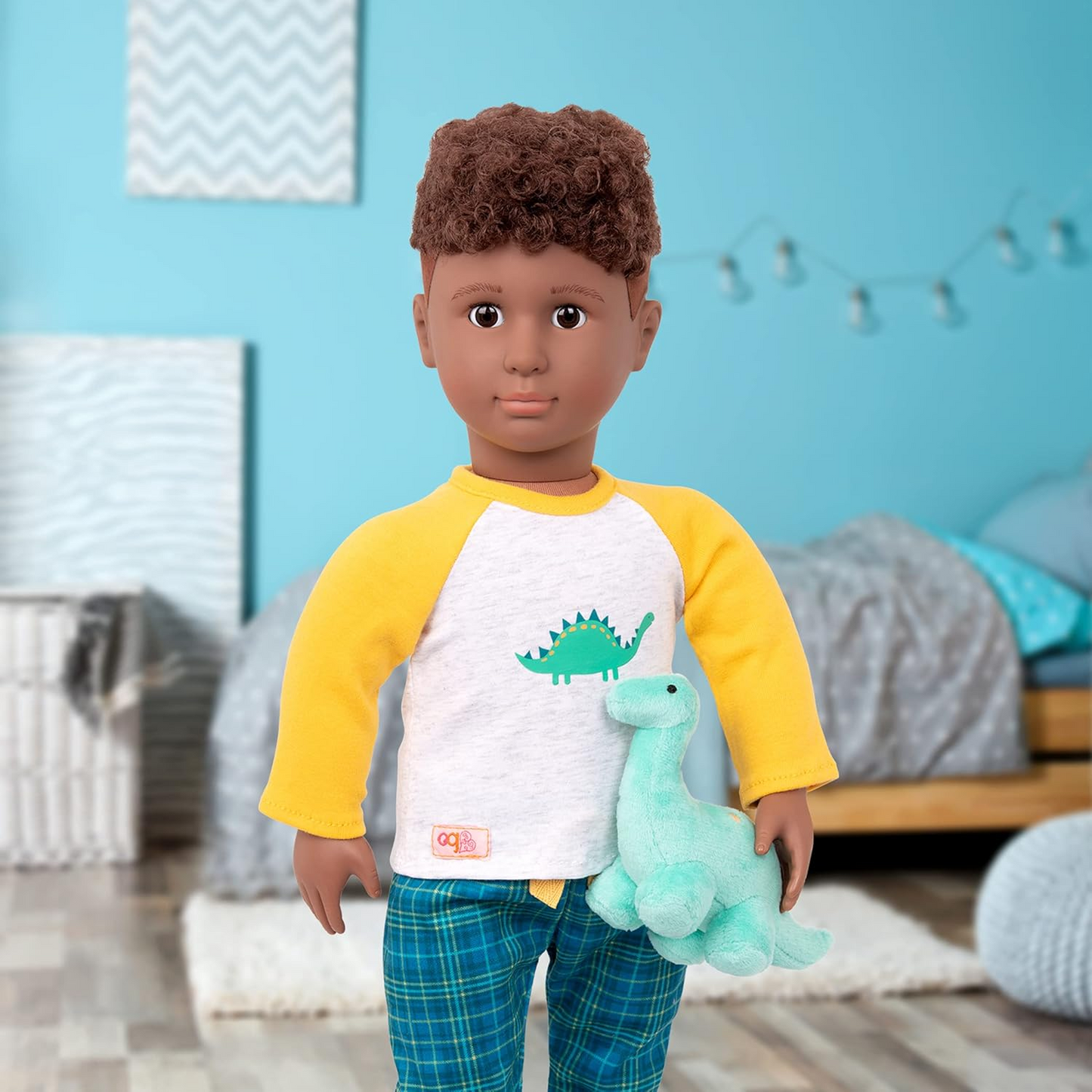 Fato Dino-Snores da Nossa Geração – Pijama com tema de dinossauro, incluindo peluche Dino para bonecas de 45 cm – Conjunto de 4 peças