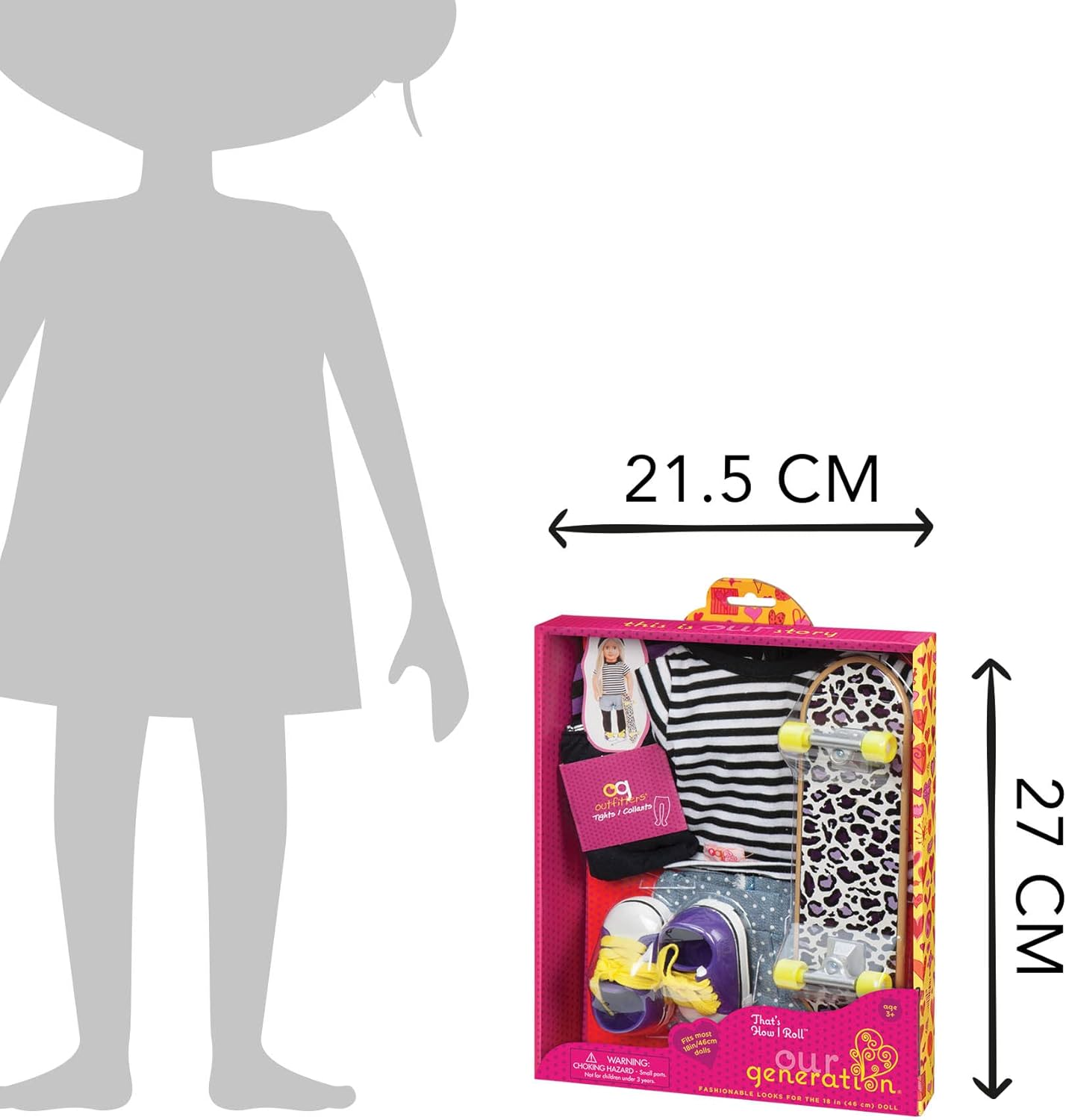 A nossa geração, é assim que eu rolo, roupa – roupa de skater com skate de leopardo para bonecas de 45 cm – conjunto de 6 peças de roupa e acessórios para skate