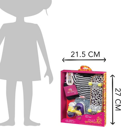 A nossa geração, é assim que eu rolo, roupa – roupa de skater com skate de leopardo para bonecas de 45 cm – conjunto de 6 peças de roupa e acessórios para skate