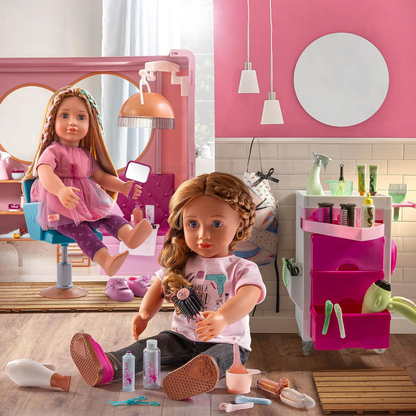 Salão de beleza Our Generation sobre rodas – Conjunto de reboque com tema de salão de beleza dobrável – Conjunto de salão de cabeleireiro com 35 peças