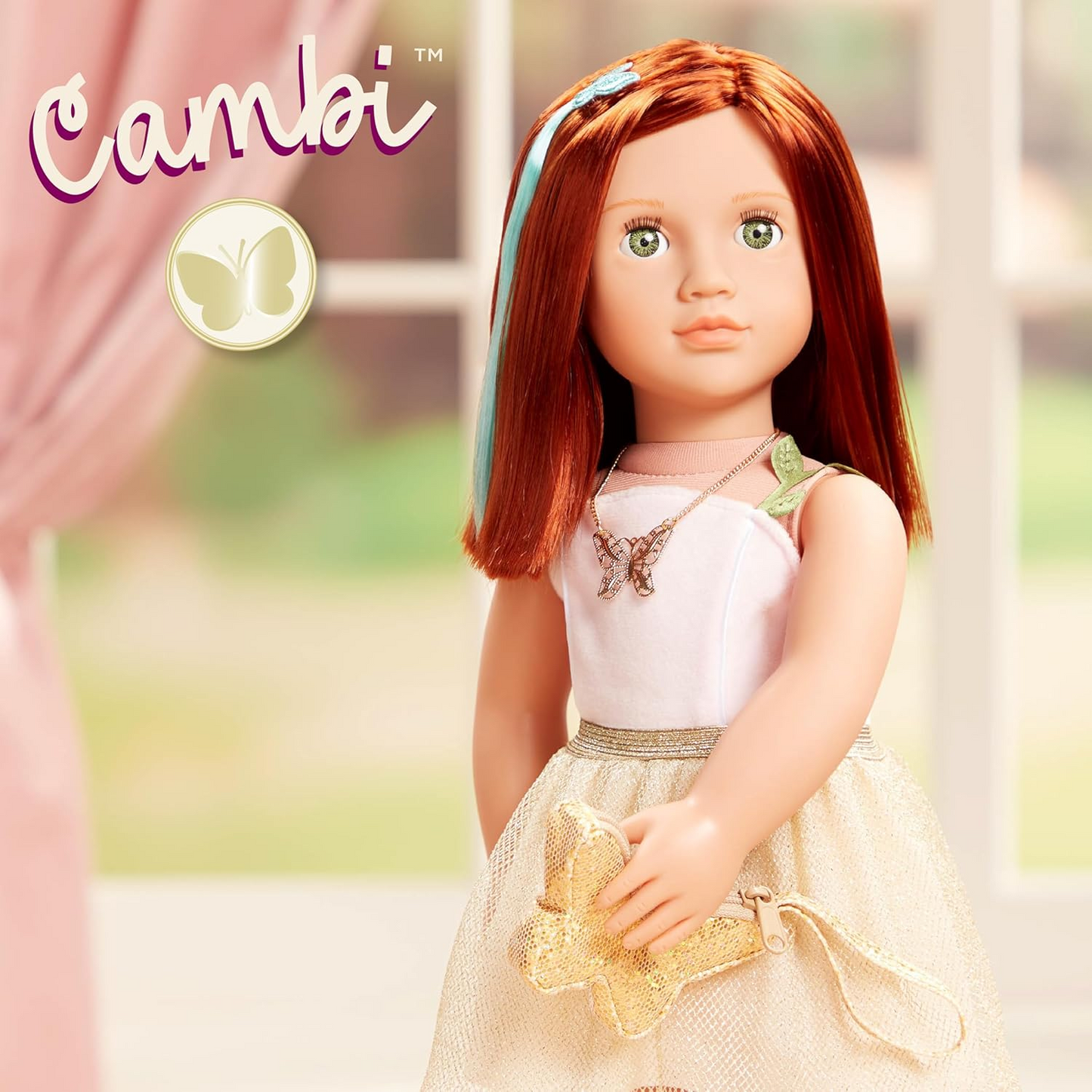 Our Generation – Boneca de 45 cm Butterfly Fashion Starter – Cabelo ruivo abaixo dos ombros e olhos verdes – 3 roupas e acessórios de estilo em caixa de oferta – Cambi