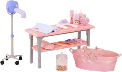 Kit de higiene para animais de estimação Our Generation para bonecas de 46 cm - com mesa de higiene, tabuleiro de lavagem e acessórios - Conjunto de higiene para animais de estimação Scrub & Style