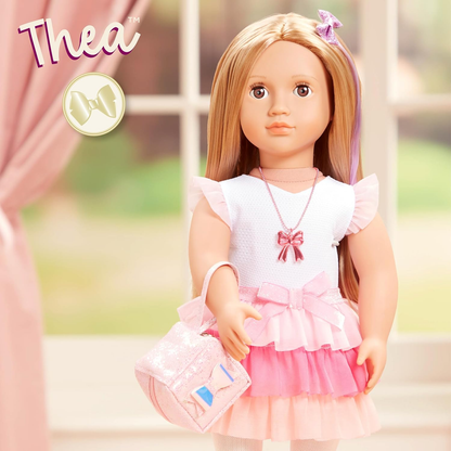 Our Generation - 46 cm - Boneca de moda com tema de laço - Thea - Cabelo loiro e olhos castanhos - 3 roupas e acessórios de estilo em caixa de oferta - Brincadeira de faz de conta - Brinquedos para crianças de 3 anos