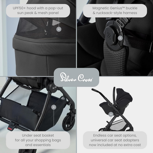 Silver Cross - Dune 2 Carrinho de bebé, berço para a primeira cama e pacote de acessórios - Carrinho de bebé compacto e sistema de viagem para estilos de vida urbanos - Recém-nascido a 4 anos (22 kg) - Espaço