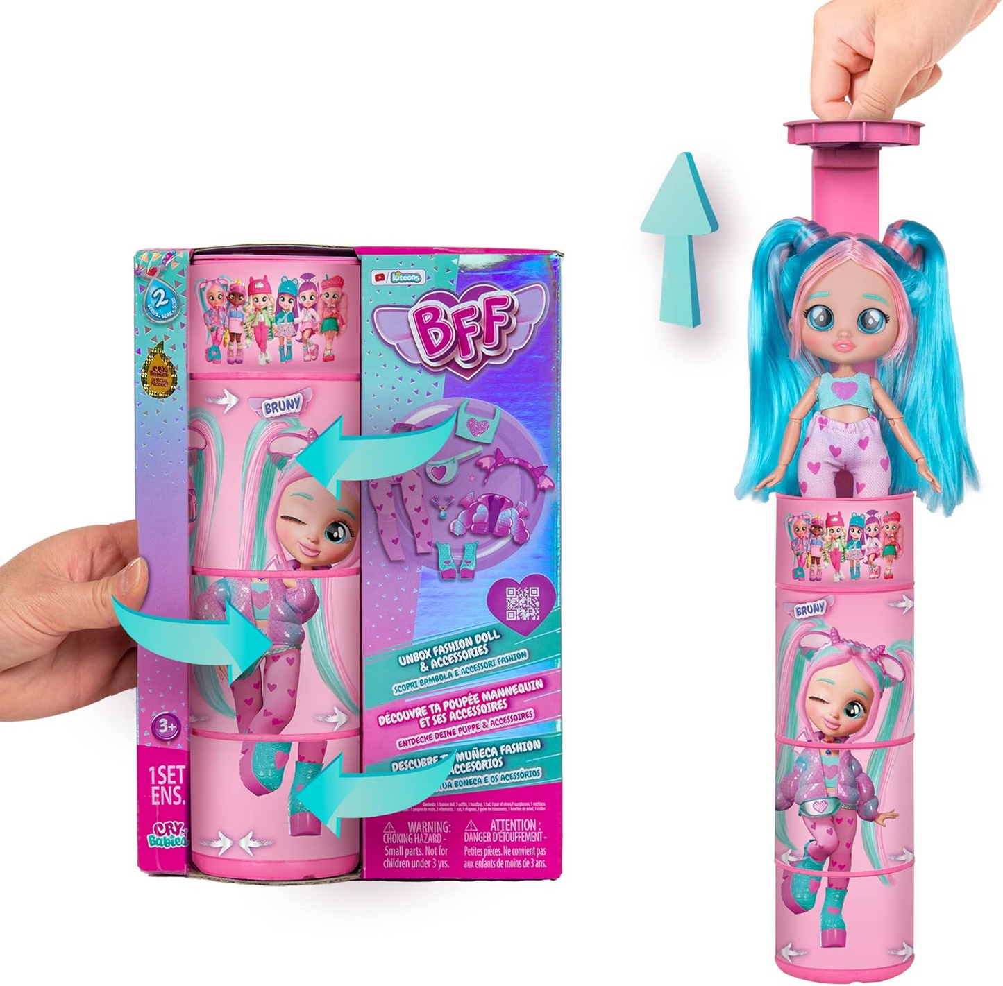 BFF by Cry Babies S2 Bruny Boneca colecionável de moda com cabelo comprido, roupas de tecido e 10 acessórios - Brinde de brinquedo para meninas e meninos +5 anos