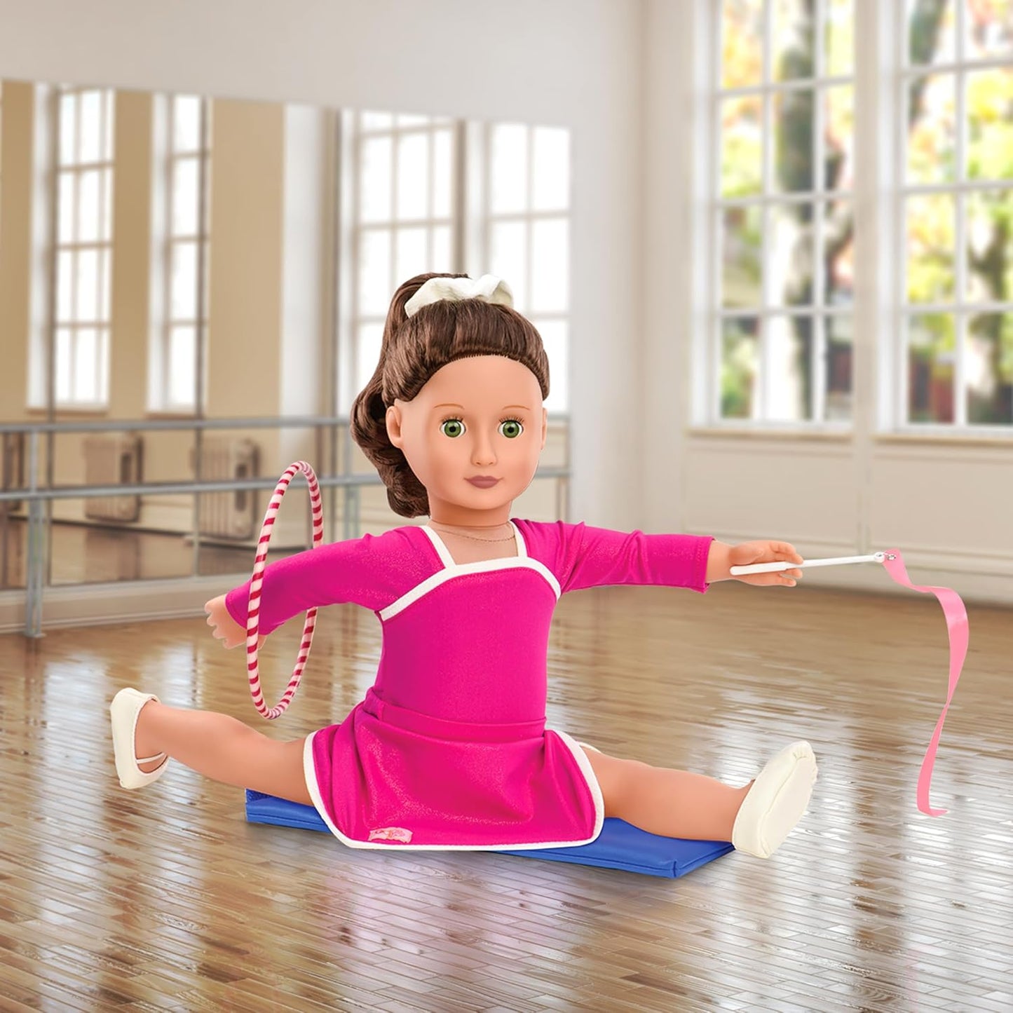 Fato de ginástica de luxo com varinha de fita para bonecas de 45 cm - Conjunto de 7 peças de roupa e acessórios para ginastas